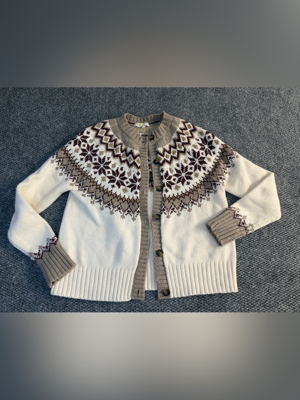 Boden Chunky Fair Isle Wool Alpaca Cardigan Sweater - Cream/Brown size 10